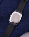 Case back of Piaget 9251 in solid white gold, highlighting lug-to-lug tank shape and vintage finishing