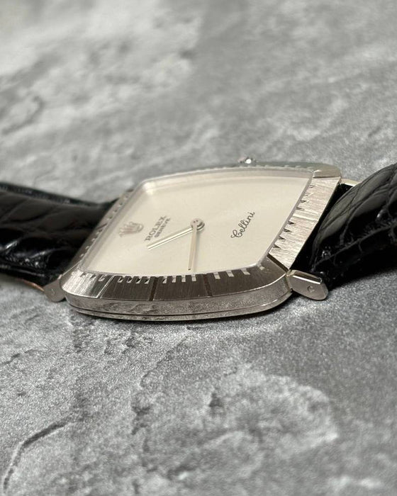 Side profile of Rolex Cellini Ref. 4087 showing slim white gold cushion case and curved lugs