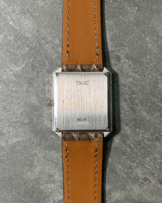 Case back of Piaget 90154 in solid 18K white gold, showing rectangular proportions and clean finishing